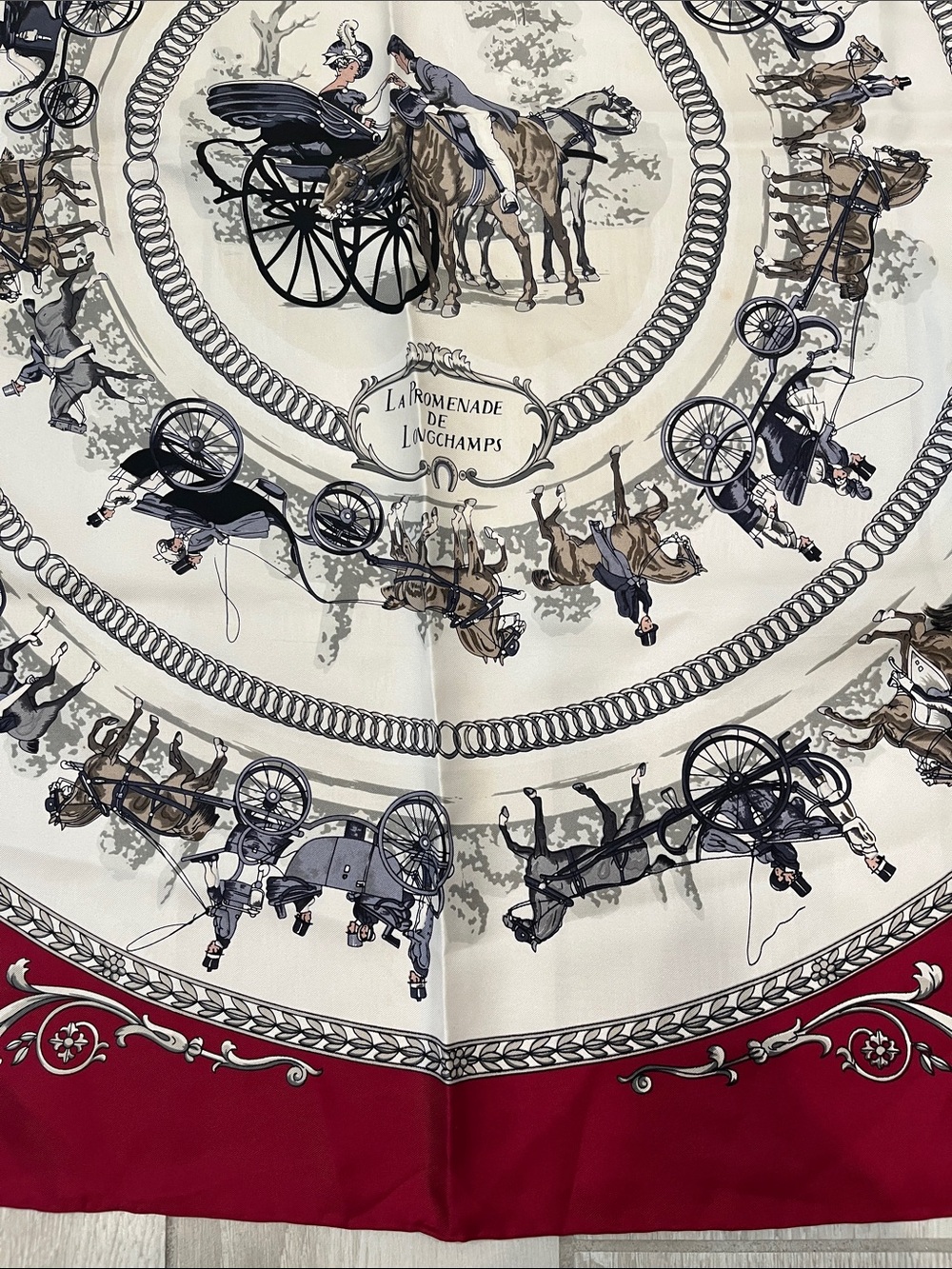 Hermes Luxury Brand Red and Cream 100% Silk Scarf with Equestrian Motif